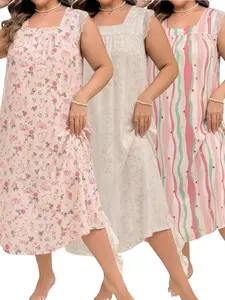 Women's Floral & Rabbit Pattern Sleepwear Set, Loose Fit Short Sleeve Lace Nightgown, Princess Style Home Wear, Plus Size Comfortable Loungewear, Ditsy Floral