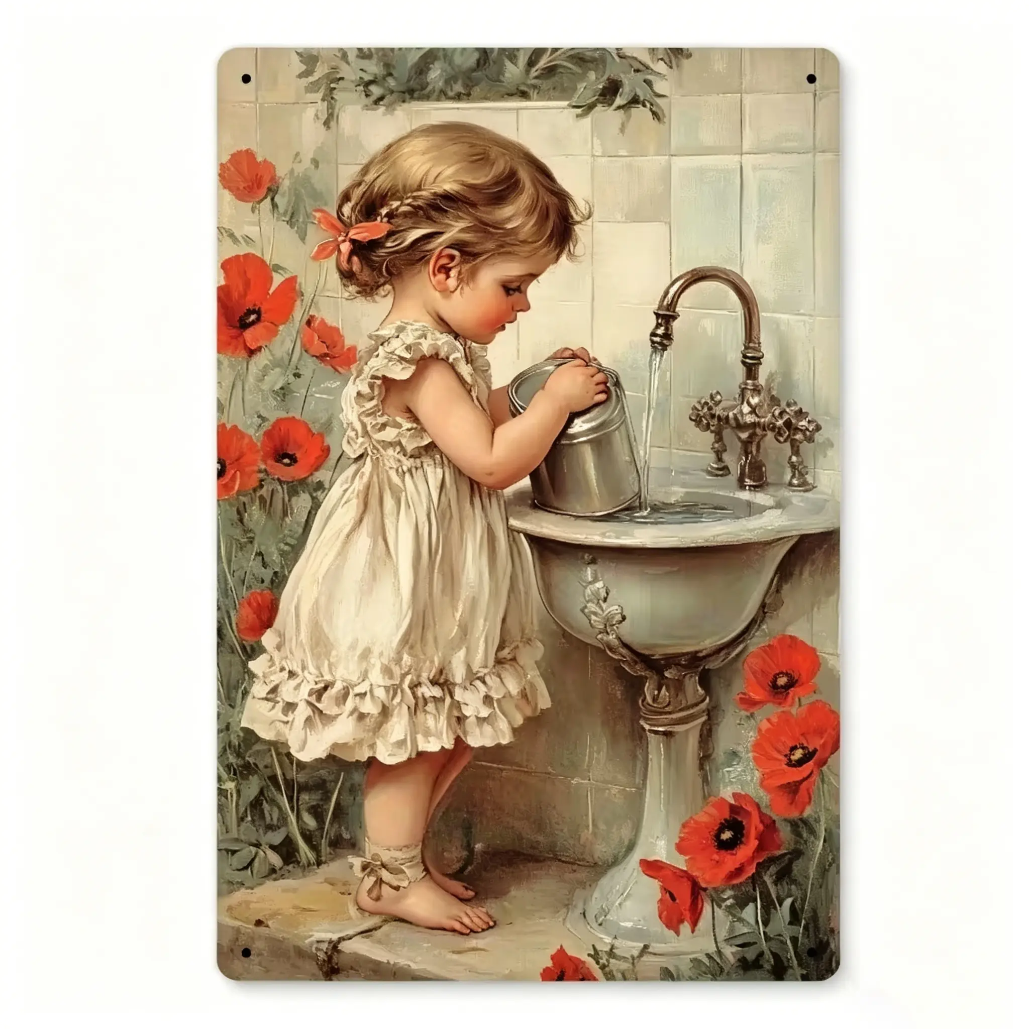 Vintage Little Girl Poppy Flower Metal Tin Sign | Retro Little Girl Washing at Sink with Red Poppy Flowers Metal Tin Sign, Distressed Vintage Farmhouse Bathroom Laundry Room Wall Art Plaque Home Decor 8×12 Inch Gift for Cottage & Antique Decor Lovers