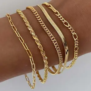 5Pcs Bracelets for Women, Jewelry Sets for Women, Trendy Thin Dainty Stackable Cuban Link Paperclip Chain Bracelet, Fashion Accessories Gifts for Women