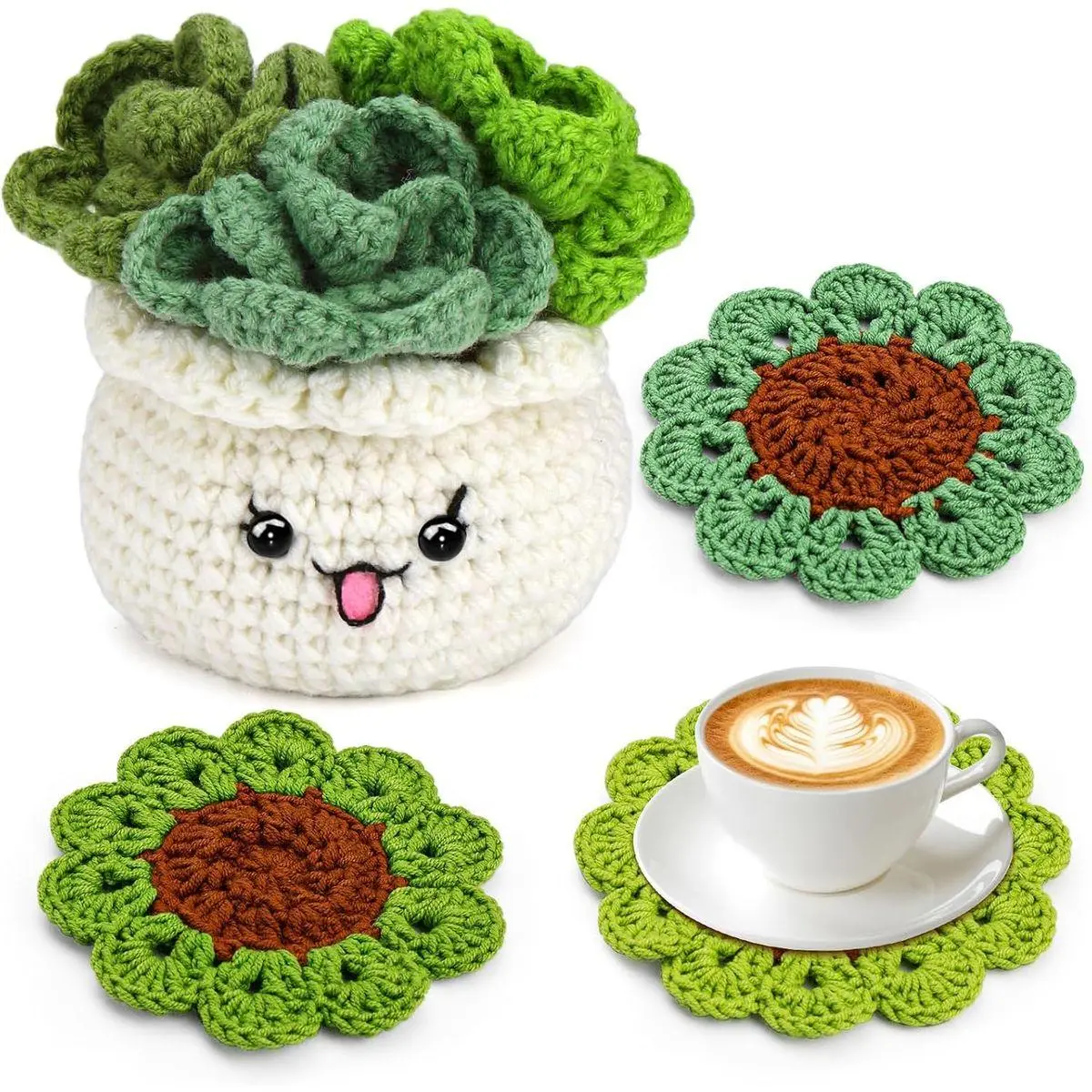 Crochet Kit for Beginners, 3PCS Coasters Potted Plants Crochet Starter Kit for Beginners Adults, Knitting Kit with Step-by-Step Video Tutorials and Crochet Yarns for DIY Christmas Decoration