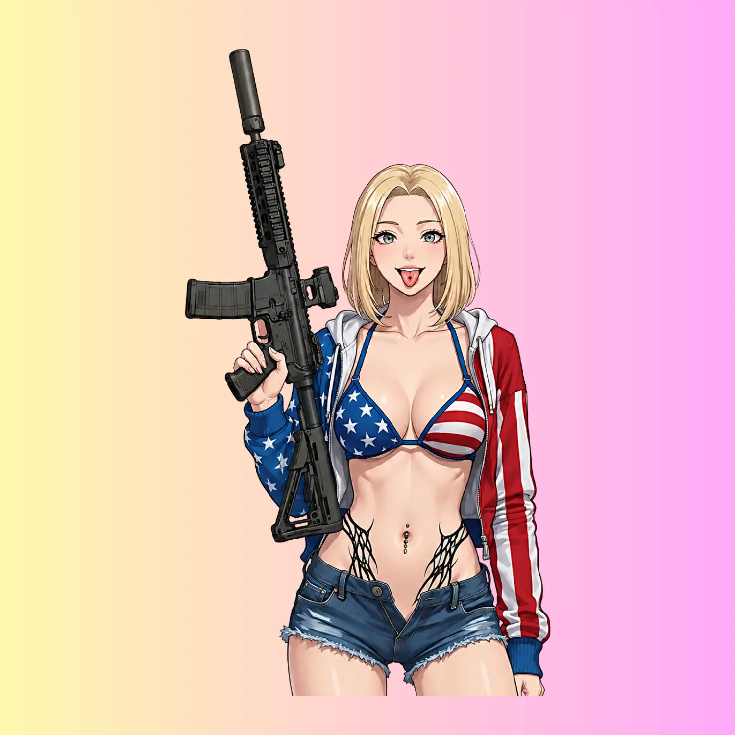 Blonde Patriotic Anime Girl Sticker, USA Flag Bikini Rifle Character Vinyl Decal for Laptop Car Water Bottle