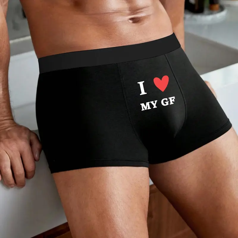 Men's I Love You My Girlfriend Print Underwear, Casual Style Underwear, Super Comfortable Breathable Panties, Perfect Valentine's Day Gift