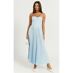 Loretta Midi Dress - Lace Up Back Bustier Pleated Dress in Light Blue