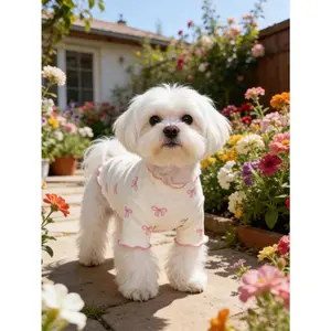 1pc Pet Dog/Cat Clothing, Allover Print With Pink Bow Tie, Breathable & Comfortable Knit Sweater, Suitable For Poodle, Chihuahua, Teddy, Spring/Autumn