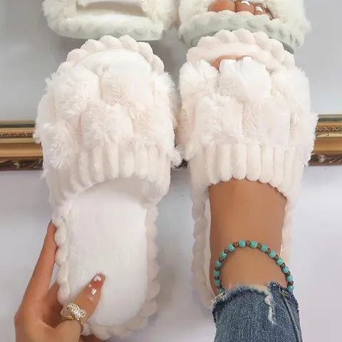 Women's Cute Plaid Design Fluffy Bedroom Fuzzy Warm Slippers, Trending Shoes, Casual Soft Comfortable Home Slippers, House Shoes, Gifts for Her, Non Slip Slippers for Women, Indoor Footwear