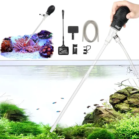 hygger Multifunctional Aquarium Siphon Coral Feeder Kit - Universal 15-in Silicone Glass Brush, 16-in Coral Feed Tool, Aquarium Gravel Cleaner, Water Changer, Left-Handed PV Rubber Hose Clamp, 15.5-26 in Fish Net for Small Tanks (Uncharged, Clean)