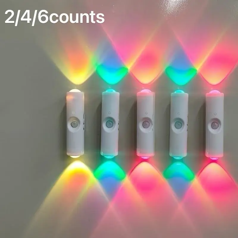 2/4/6PCS dual-head cat-eye sensor wall lamp, USBcharging, RGB night light, 3/7 color mode, steplessdimming, suitable for bedroom, staircase, wardrobe,cabinet, modern aesthetic spotlight