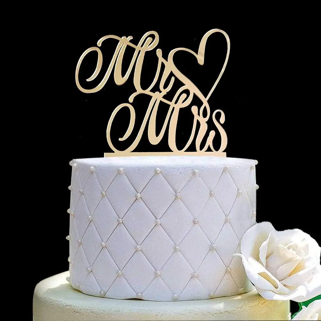 P-PSD026 Mirror Gold Acrylic Mr and Mrs Cake Topper - 5.7 Inches Wide, 6.8 Inches High, Wedding Cupcake Topper, Dessert Decor, Cake Decorating Supplies for Wedding, Anniversary Ceremony, Birthday Events