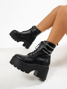 Gothic Platform Ankle Boots for Women, Bat Buckle, Combat Boots, Zipper, Round Toe, Thick Heel, Punk High Heels, Motorcycle Boots, Thick Heeled Boots