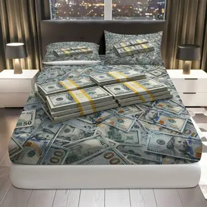 3Pcs Money Luxury Wealth Fitted sheet Three Piece Set (1*Fitted Sheet+2*Pillowcases, Coreless), Christmas theme, Money Bedding Set, Mattress protector Soft, Breathable