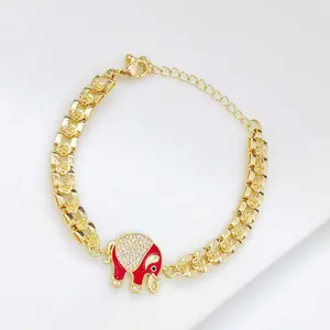 18K Gold Plated Copper Rose Flower Cuban Chain Bracelet, Simple Oil Drop Full Diamond Lucky Elephant Unisex Bracelet