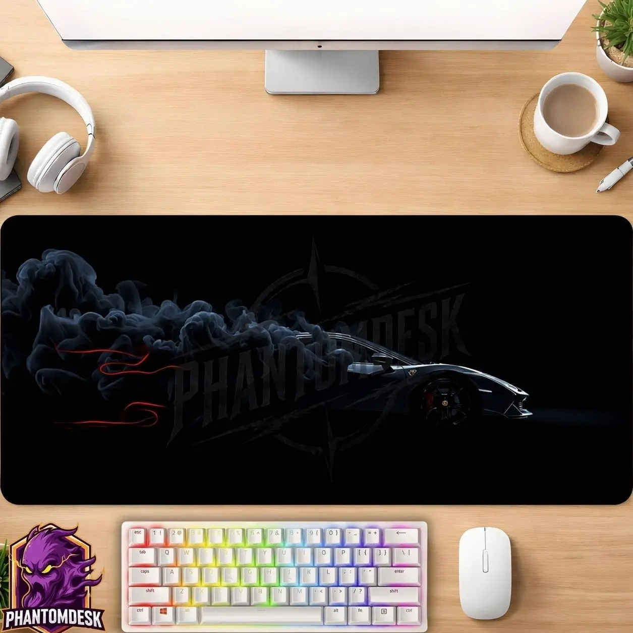 Midnight Supercar Mouse Pad - Dark Smoke Desk Mat Exotic Car Gaming Mousepad XL Large Desk Mat Minimalist Racing Art Setup
