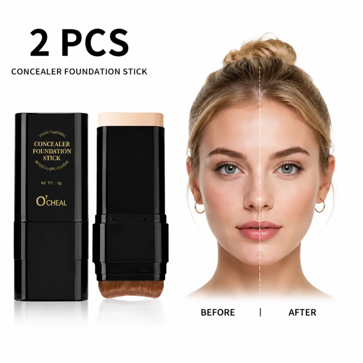 O'CHEAL 2PCS Concealer Foundation Stick with Built-in Brush, Full Coverage Makeup Stick for Dark Circles & Blemishes, Long Lasting Natural Finish Foundation Stick for Women Daily Makeup & Travel