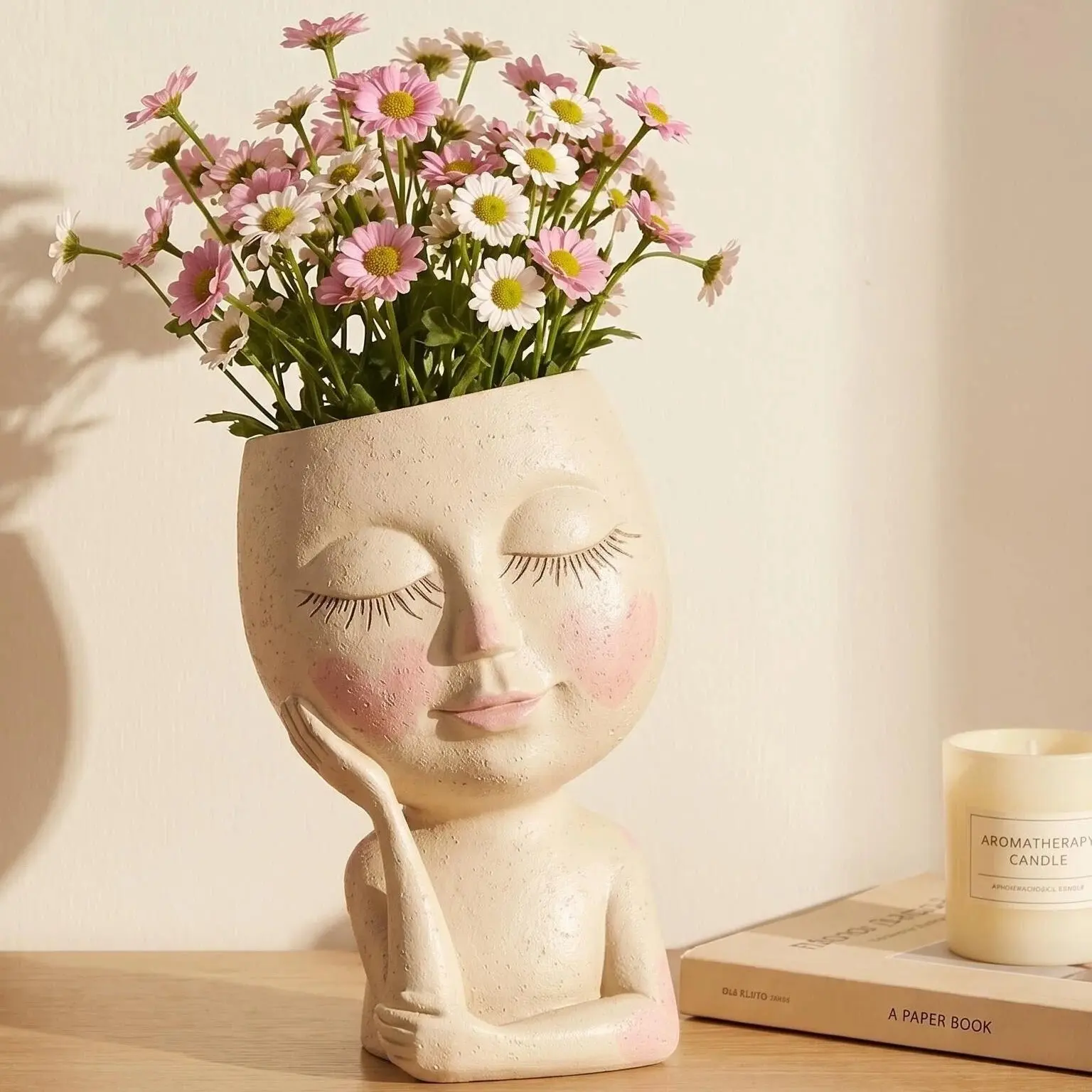 Pricetail Resin Smiley Face Planter - Tilted Head Closed Eyes Unique Pot, 1-Hand Hold, Drainage Hole, Lightweight, 3.15"d x 4.72"w x 7.08"h, Indoor Trailing Succulents Pot, Dining Table/Sideboard Decor, Mother's Day Gift for Plant Lovers, Unique Pots