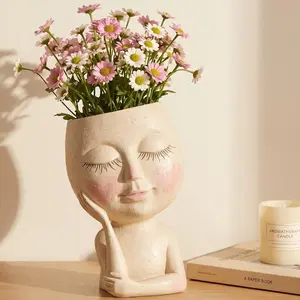 Tilted Head Face Resin Planter, 1-Hand Hold Design with Drainage Hole, Lightweight Cute Closed-Eye Smiley Planter for Indoor Succulents & Outdoor Garden Use, Face Planter
