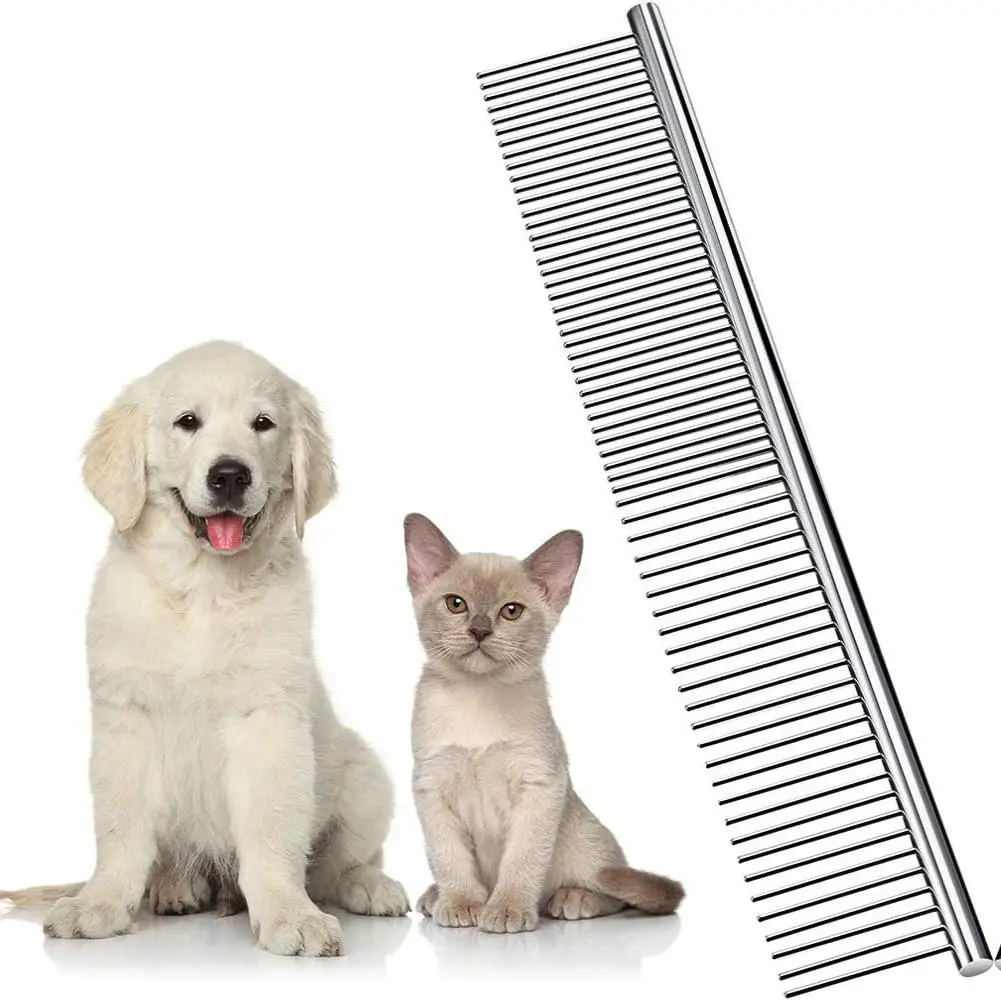 Stainless Steel Dog & Cat Grooming Combs - 19×3.5 cm Groomer Tools & Grooming Accessories for Long-Haired Pets, Sturdy, Lightweight, Portable, Effective Knot Removal, Hair Fluffing, Skin-Safe, Blood Circulation Boosting