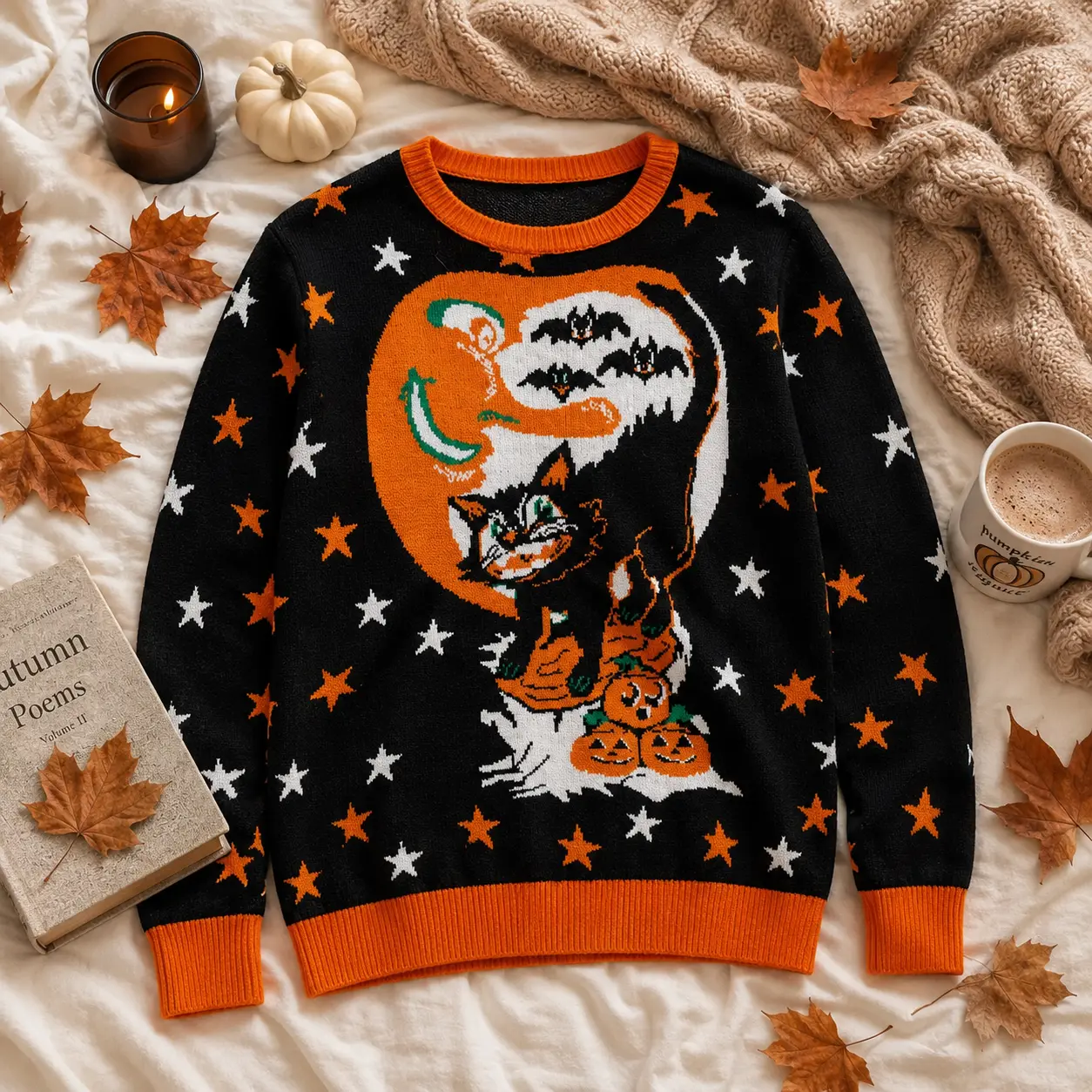 Spooky Cat Jacquard Sweater, Women’s Loose Fit Halloween Crewneck Pullover