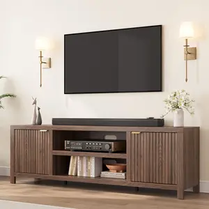 Natural Oak Fluted TV Console, Fits Up to 80 Inch TV, Modern Entertainment Center with Fluted Door & Gold Metal Handle, Large Hidden Storage Cabinet for Bedroom & Living Room Decor
