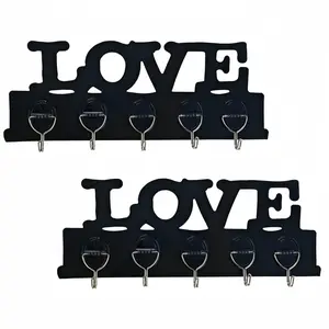2-Pack Love Graphic Plastic Hook Rack, Wall-Mounted Key Hooks, 5 Strong Hooks, Easy Install with Adhesive Backing, Ideal for Entryway Organization
