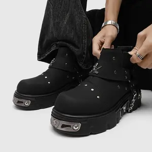 Men's black skull buckle platform boots, punk-style chain ankle boots, chunky metal toe cap design