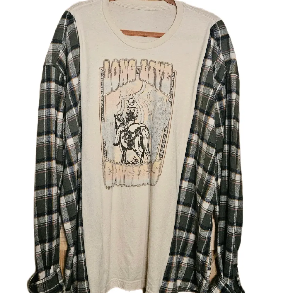 Upcycled Tee and Flannel Shirt Unique OOAK Splice T-Shirt