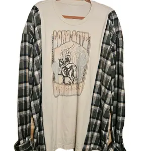 Upcycled Tee and Flannel Shirt Unique OOAK Splice T-Shirt