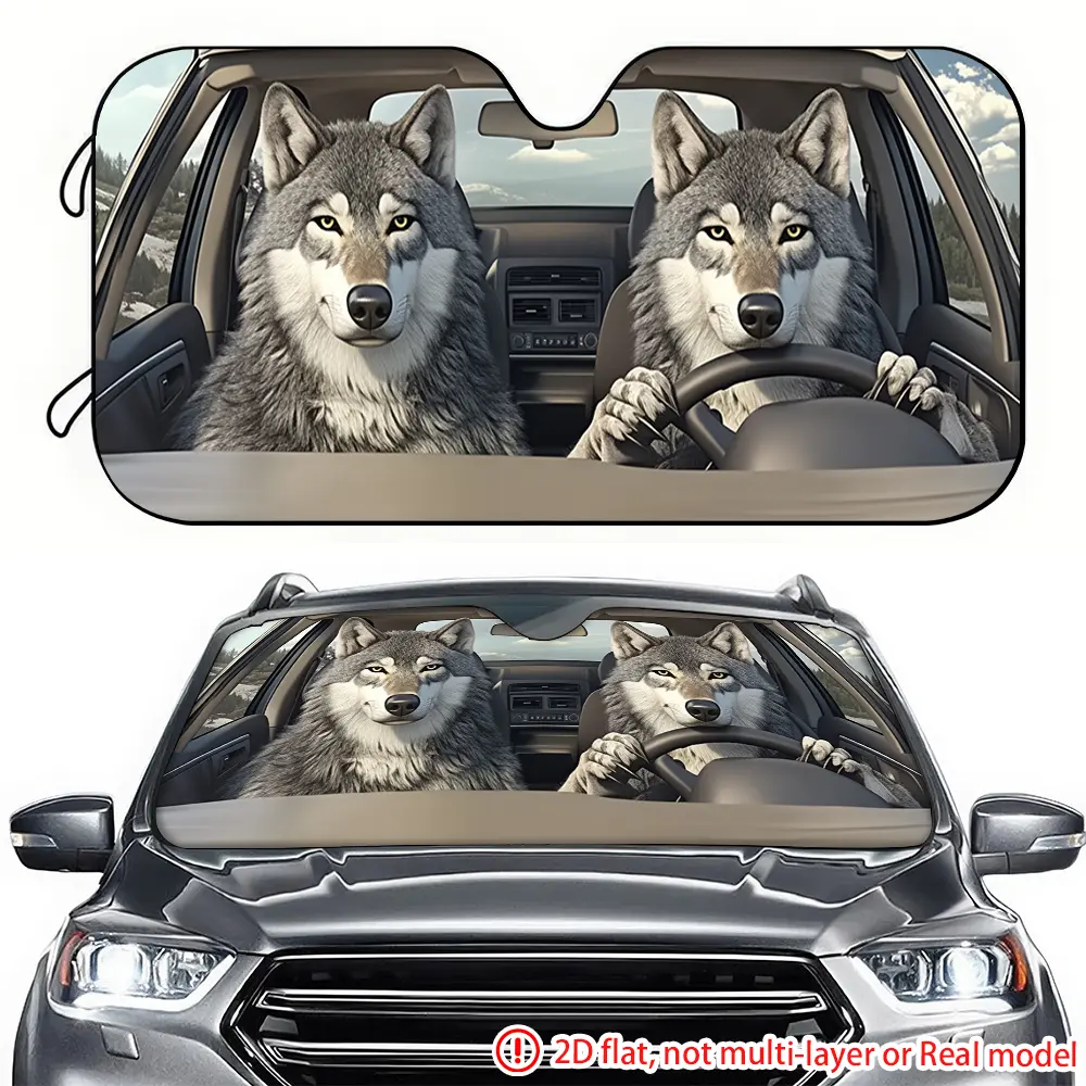 Two gray wolves driving car sunshades with 2D high-definition printing inside the car, effectively blocking sunlight, suitable for SUV, General Motors, and RV front windshield decoration
