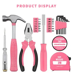 24-in-1 Household Tool Set with Portable Case, Home Tool Kit - Pink Hand Tool Set includes a hammer, pliers, screwdriver, screwdriver bits, hex wrench, measuring tape, and electrical tape. Suitable for home repairs, DIY projects, and bicycle maintenance.