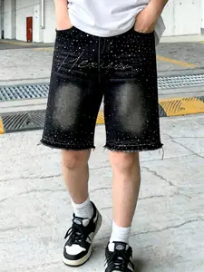 Men's Summer Street Style Jeans Shorts, Black Rhinestone Decorated Vintage Washed Shorts, Loose Fit Original Edge Shorts, Loose Leisurely All-Match Five-Inch Pants, Suitable as Gifts for Husbands and Boyfriends