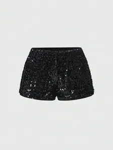 Women’s Grunge Punk Sequin Mini Shorts – Black Low Rise Glitter Festival Shorts