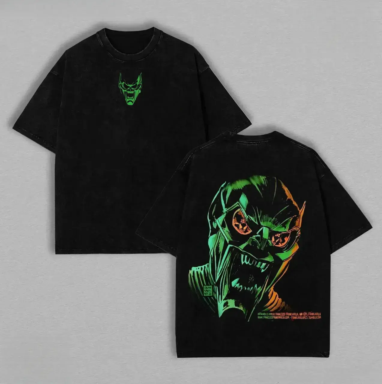 Green Goblin Oversized T-Shirt, Vintage Washed MCU Villain Streetwear Y2K Aesthetic Graphic Tee, Unisex Heavy Cotton Movie Apparel Black Casual