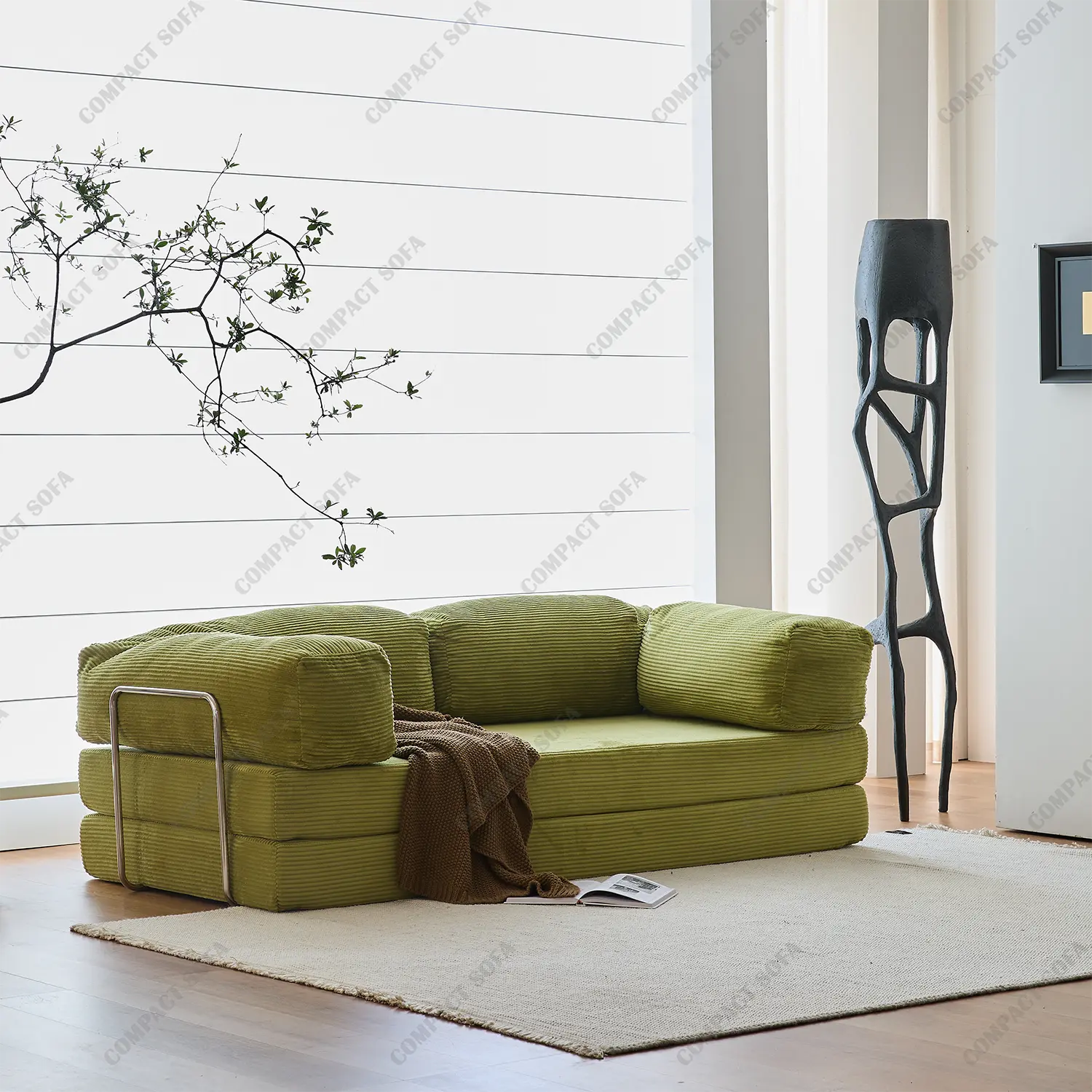 Compact Sofa - Affordable Boneless Cloud Sectional Couch Ultra-Comfy Corduroy Fabric & High-Density Sponge Multi-Functional Futon Couch for Living Room Guest Bed or Nursery Fits Any Space  Lounging Area Adjustable Armrests Ergonomic Neck Support