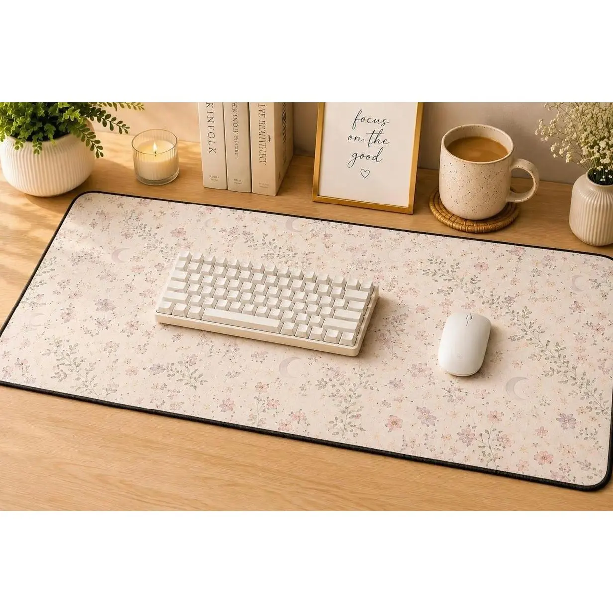 Cottagecore Floral Desk Mat Neutral Aesthetic Mouse Pad, Botanical Large Desk Pad, Cozy Desk Setup Mat Neoprene Pink Botanical Mousepad