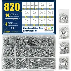 Swiilpo 820pcs Pop Rivets Assortment Kit, Aluminum Blind Rivets (14 Sizes: 3/32", 1/8", 5/32", 3/16", 1/4"), with 304 Stainless Steel Washers and Storage Case, SilverQuesear