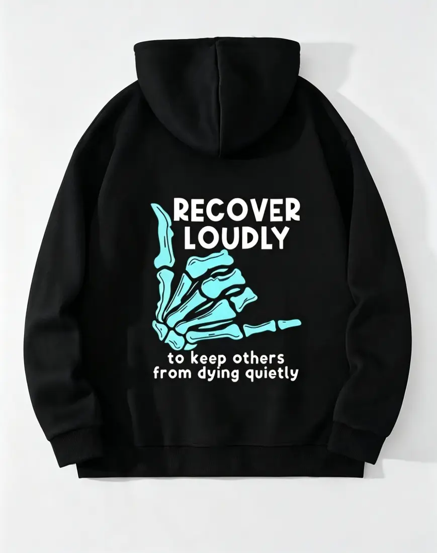 Recover Loudly Skeleton Shaka Hand Back Print Hoodie, Mental Health Awareness Recovery Inspirational Pullover Fleece Menswear