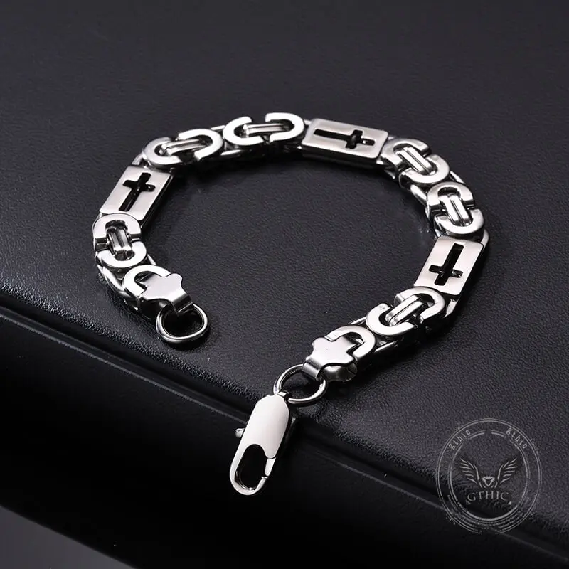 GTHIC Punk Hollow Cross Byzantine-Style Chain Stainless Steel Metal Bracelet, Gothic Fashion Men's Accessory, 8mm*19/22 cm Fashionable Bracelet Style for Birthday Gifting