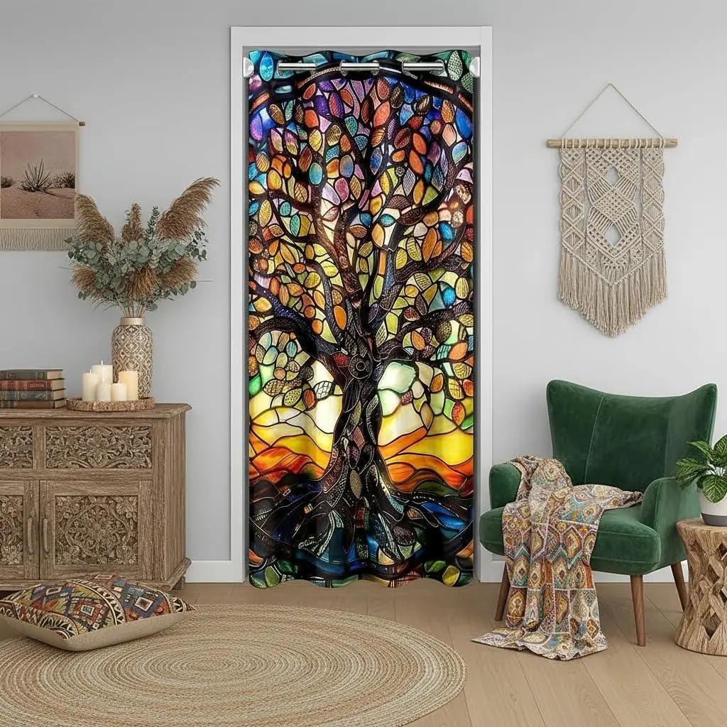 Tree of Life Door Curtain,Modern Artwork Closet Door Cover,Abstract Nature Landscape Room Darkening Curtain,,Yellow Blue