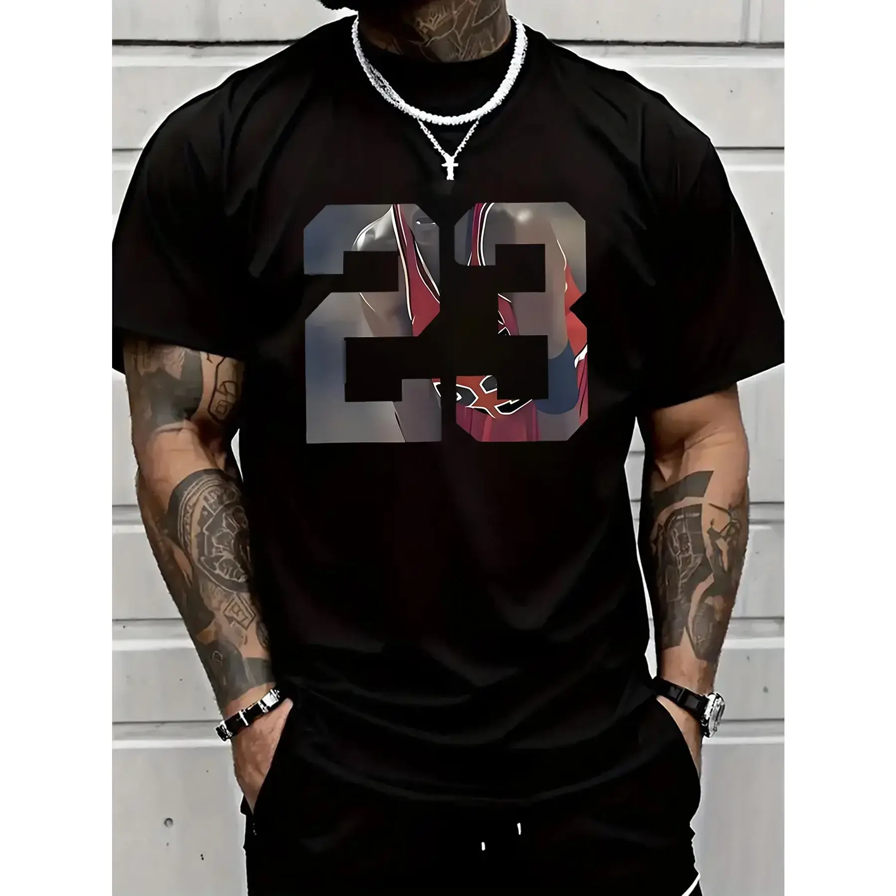 Men' S 23 Graphic Printed T- Shirt, Casual Short- Sleeved Round Neck T- Shirt, 100% Cotton, Round Neck, Casual And Fashionable, Trendy And Versatile, Comfortable And Breathable, Machine Washable, Suitable For All Seasons