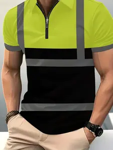 Men's High Visibility Reflective Polo Shirt, Half-Zip Short Sleeve Hi Vis Work Shirt, Fluorescent Yellow & Black Safety Construction Workwear with Reflective Strips