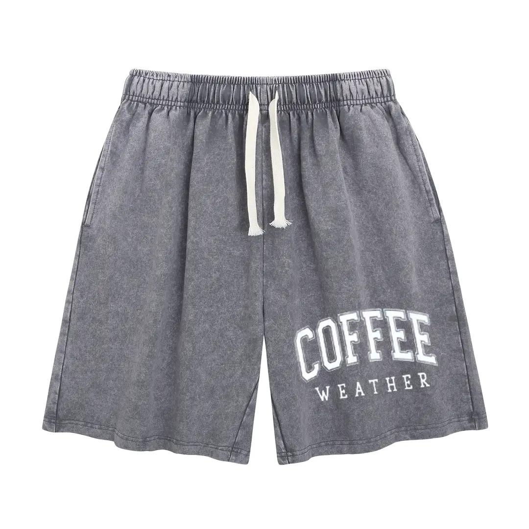 Unisex Vintage Print Acid Washed Sweat Shorts, Breathable Cotton Casual Shorts with Elastic Waist and Functional Pockets baggy comfy