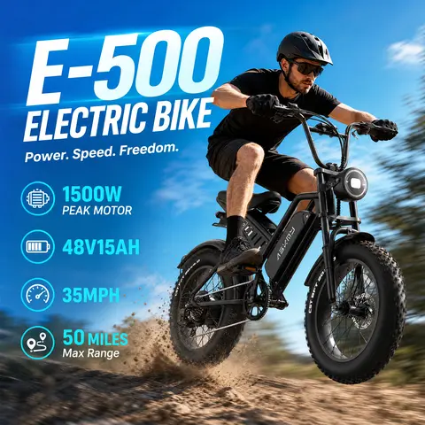 ASKMY E500 Fat Tire Ebike for Adults - 1500W Peak Motor, 48V 15Ah Removable Rechargeable Battery, 20x4” Tires, Up to 35MPH Adjustable Speed, Full Suspension, Long Range, UL Certified, LED Lights, 52kg E-Mountain & Urban Bikes
