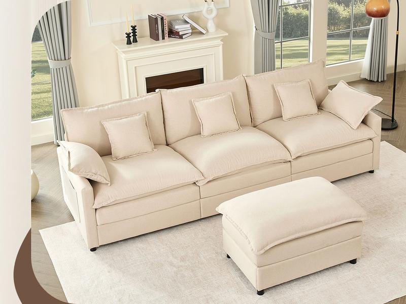 【2 Packages Shipping】GOSUHI 108" U-Shaped Modular Sectional Sofa - Comfy Cloud 3-Seater with 2 Movable Ottoman, TikTokShopBlackFriday,Deep Seat Linen Couch for Living Room, Beige Color ,Comfort & Stylish Design