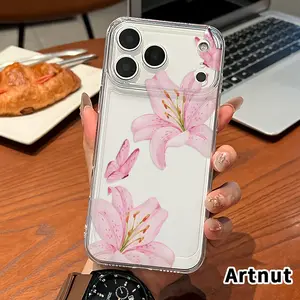 Soft Case for iPhone 17 Pro Max Air Promax Non-Yellowing Drop Protection Transparent Pink Lily Reverie Pattern Silicone Cover.