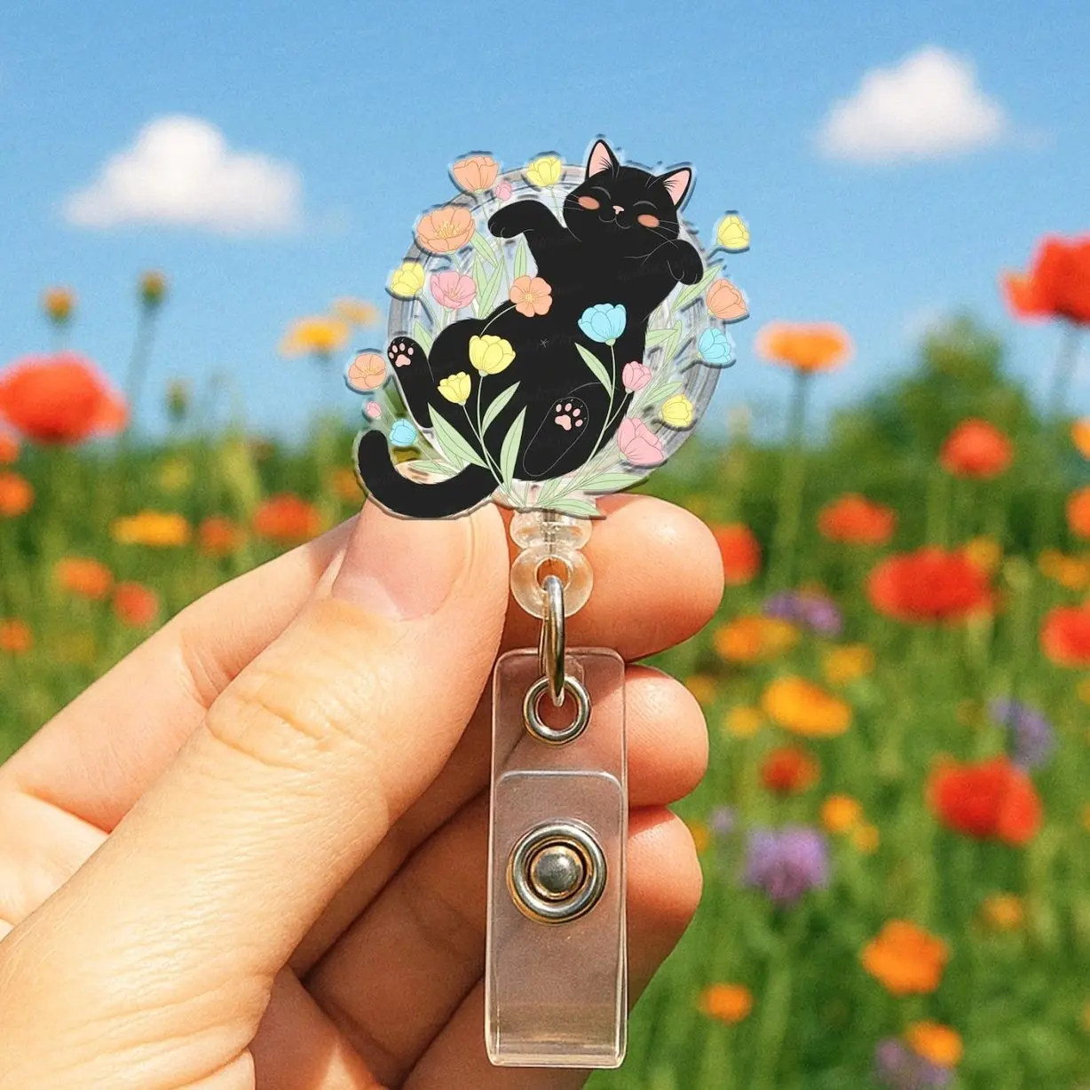Black Cat Floral Badge Reel, Cute Cat ID Holder, Black Cat Name Badge, Cat Nurse Gift, Vet Tech Accessories