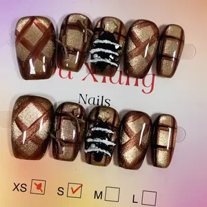 Handmade Armor Cat Eye With Exquisite Square Almond-Shaped Engraved Design press on nails