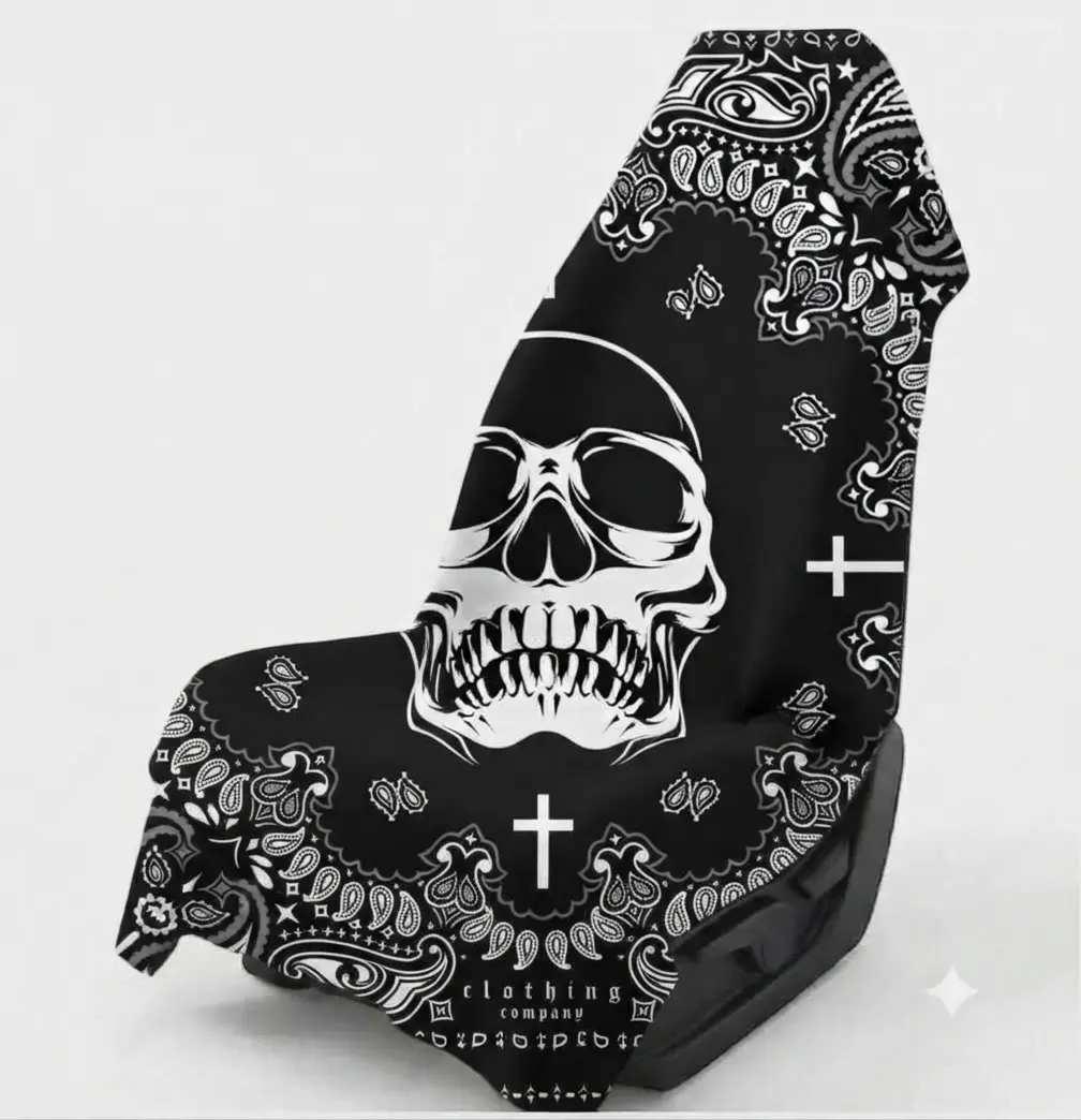 Black Skull Bandana Car Seat Cover, Aesthetic Gothic Vehicle Interior Accessory Patriotic Sweat Seat Protector for Running, Gym, Beach, Travel & Outdoor Use