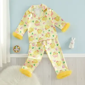 Global Baby Easter Toddler Baby Girl Easter Pajamas Set Bunny Print Furry Trim Button Down Long Sleeve Tops and Pants 2Pcs Easter Pajamas Sets for Girls Long Sleeve Lapel V Neck Button