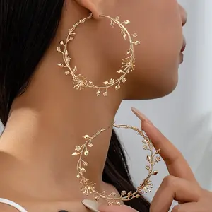 Western Style Statement Earrings | Oversized Gold Hoops with Floral & Leaf Motifs, Sweet Edgy Bold Fashion Jewelry