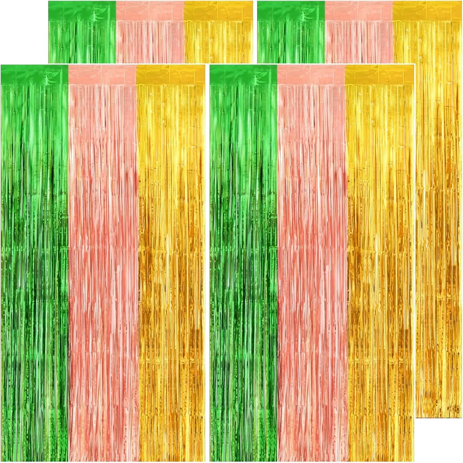 Thicken Luau Party Tinsel Backdrop 4 Pack 13.2x7.05 FT Green Brown Yellow Party Streamers Foil Fringe Curtains Photo Backdrop for Summer Tropical Hawaiian Party Decorations