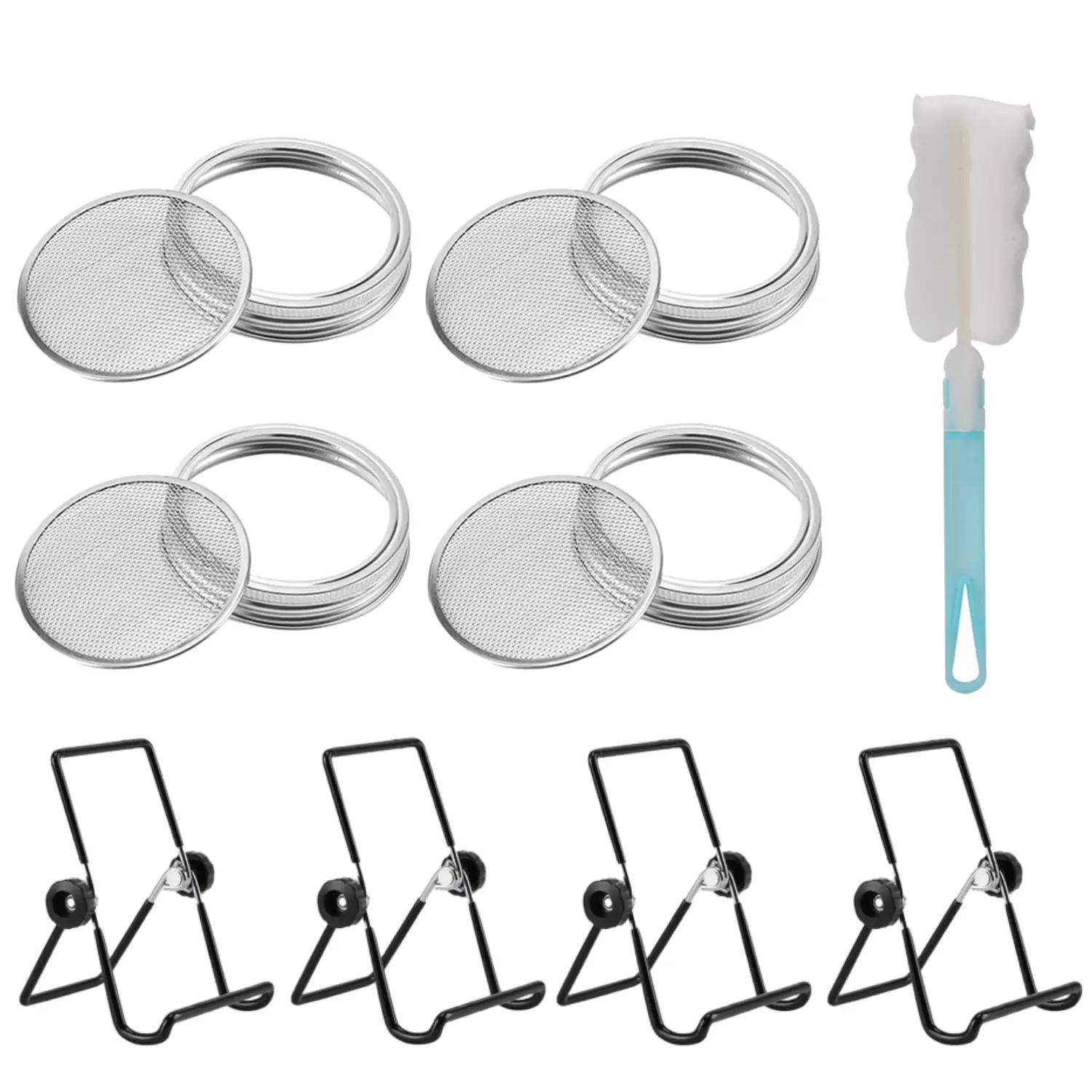 Kitchen Wide Mouth Mason Jar Sprouting Kit Pack - 4×86mm Stainless Steel Lids with Screens, 4 Adjustable Jar Stands & 1 Cleaning Canning Brush for Growing Broccoli, Alfalfa, 4 × Lids With Screen, 4 × Jar Stands & 1 × Brush